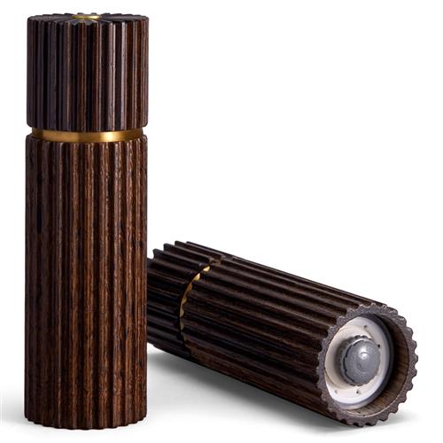 L'Objet Ionic Modern Smoked Oak Wood Brass Accent Salt & Pepper Mills Set