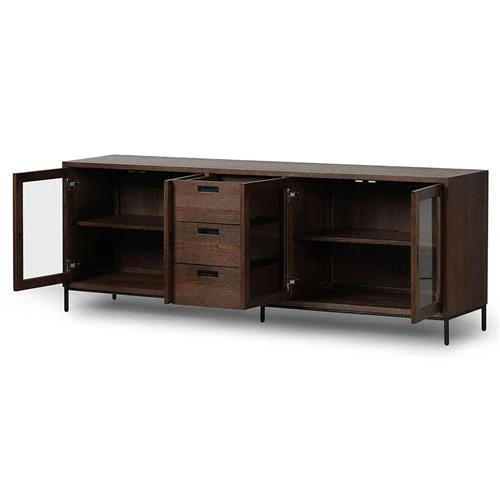 Sideboard with doors open showing internal shelving and central drawers.
