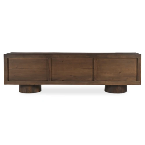 Front view of a dark wood low console with three panel doors and two pedestal legs.