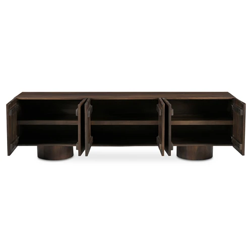 Open view of a dark wood sideboard showing internal shelves and three cabinets with doors.