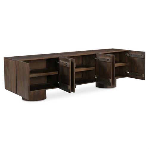 Wide view of dark wood credenza with multiple doors open, showing storage compartments and pedestal legs.