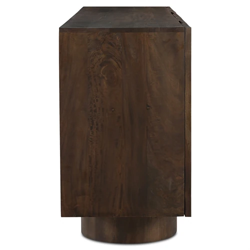 Close-up of dark wood panel and circular pedestal leg.