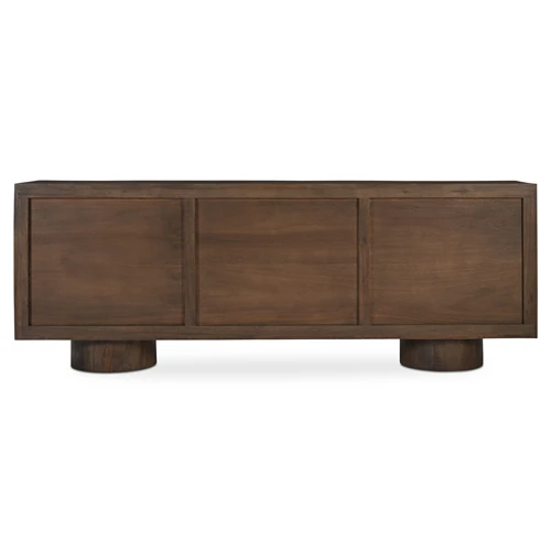 Front view of low dark wood sideboard showing three panels and two pedestal bases.