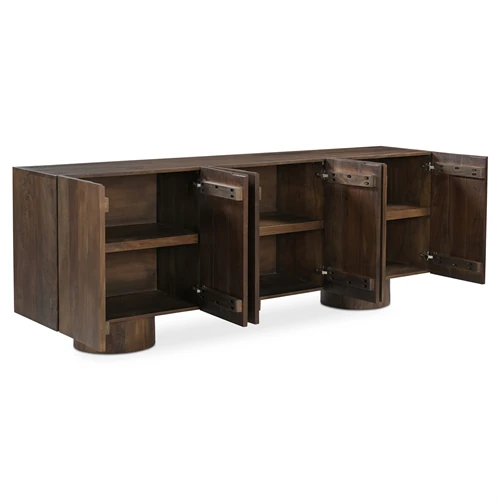 Wide view of the dark wood sideboard with multiple doors open showing interior shelves.