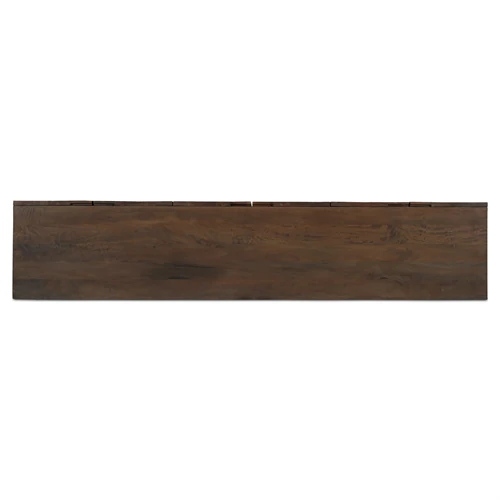 Front view of long wooden sideboard front edge, no visible hardware.