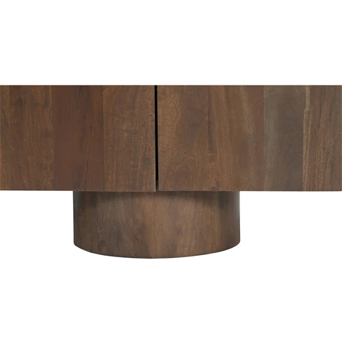 Pedestal leg detail of the cabinet showing circular base and wood grain.
