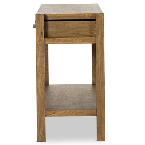 Close-up of the top of the console table showing the drawer gap and leg structure.