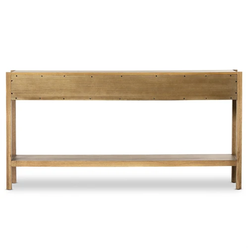 Back or side view of the console table with lower shelf and top drawers.