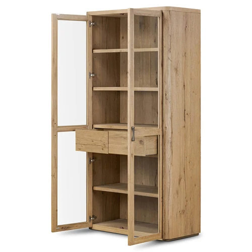 Open wooden cabinet showing interior with shelves and drawers