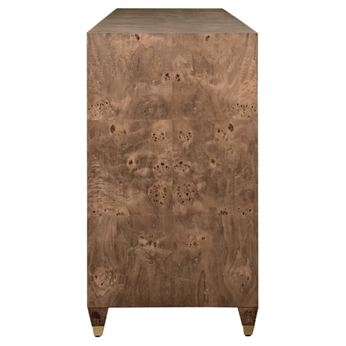 Corner view of a burl wood cabinet showing one side panel and tapered leg.