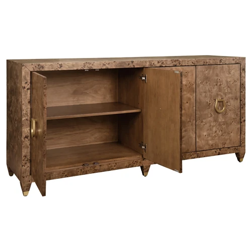 Open burl wood sideboard cabinet showing interior shelves and storage space in the left compartment.