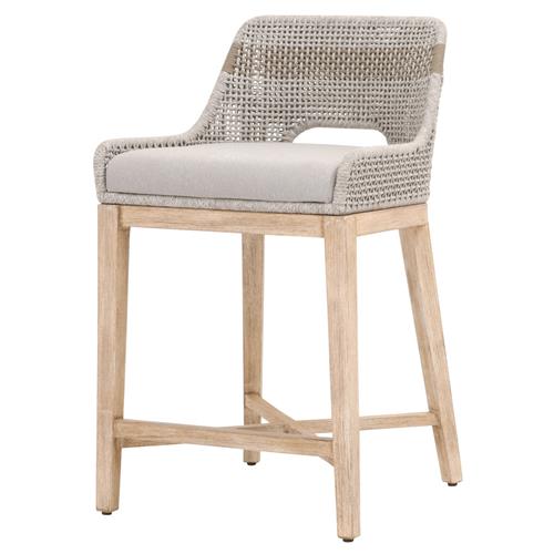 Theodore Coastal Beach Woven Grey Upholstered Brown Mahogany Frame Counter Stool