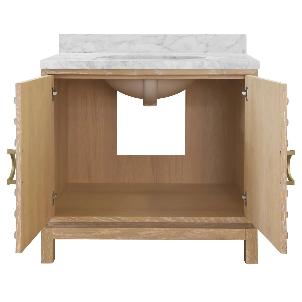 A light brown wooden vanity cabinet with a white marble top and an open front panel.