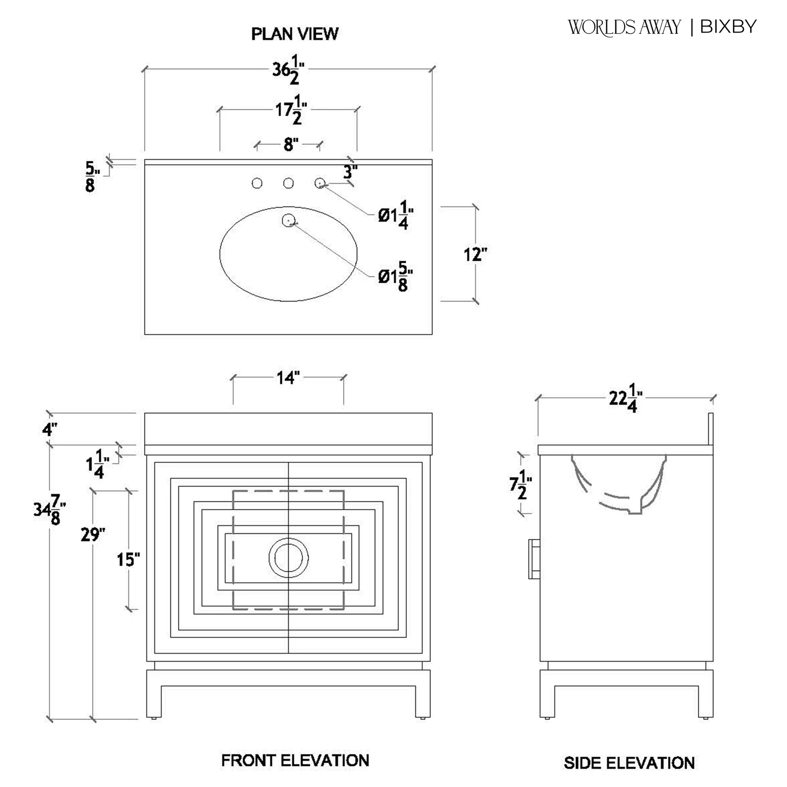 A technical drawing of a light brown wooden vanity cabinet with a white marble top.