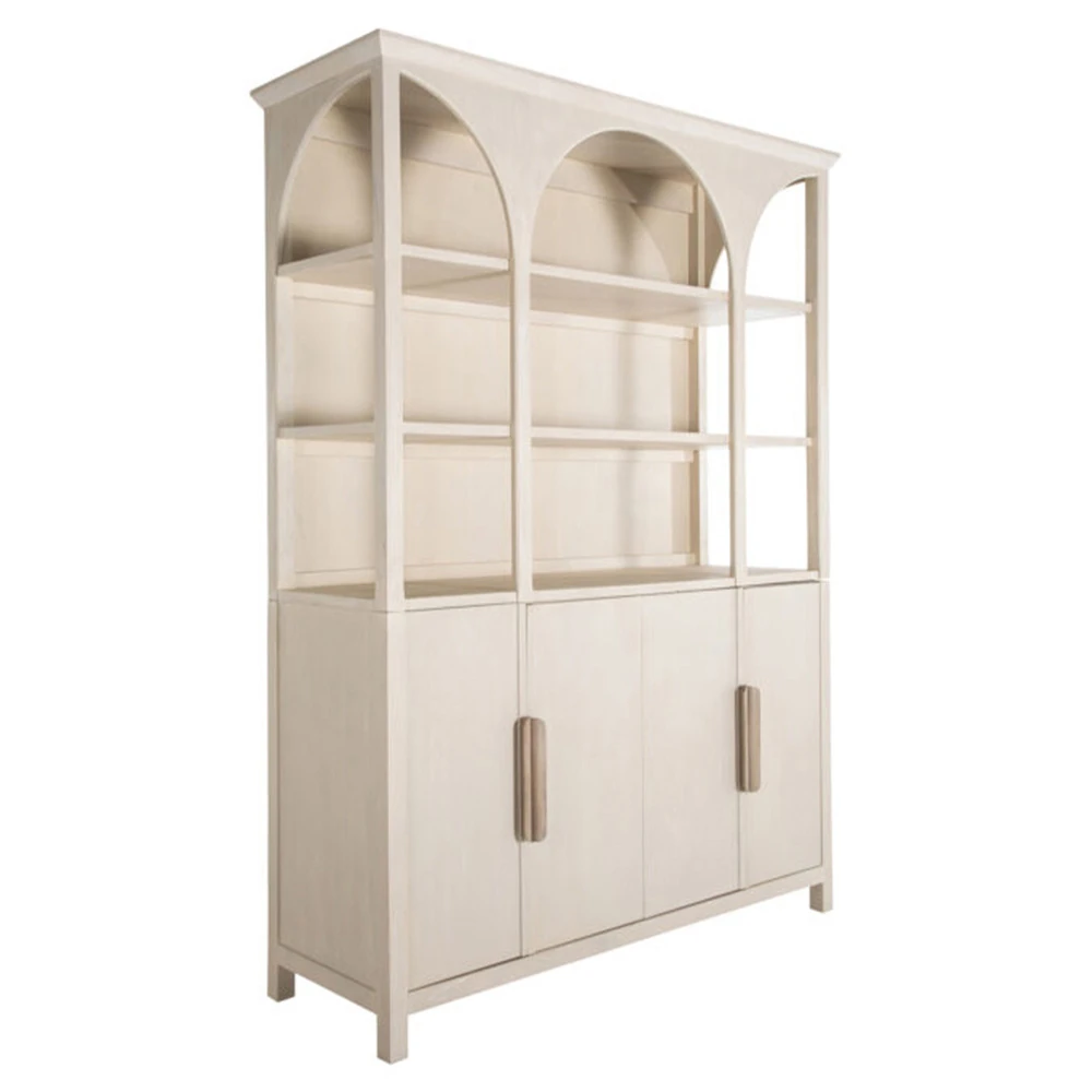 A tall storage cabinet with arched open shelves and closed lower cabinets, showing hardware and light wood finish.