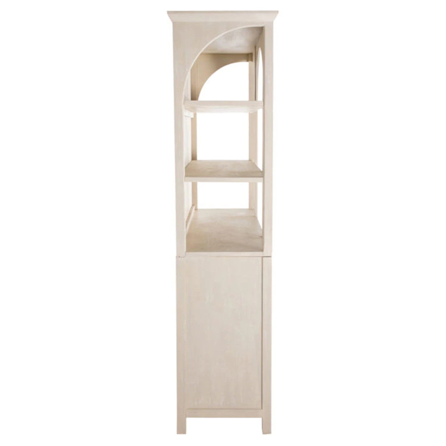 A large cream cabinet with arched open shelves on top and enclosed storage on bottom, shown in a dining room with arches and shelves.