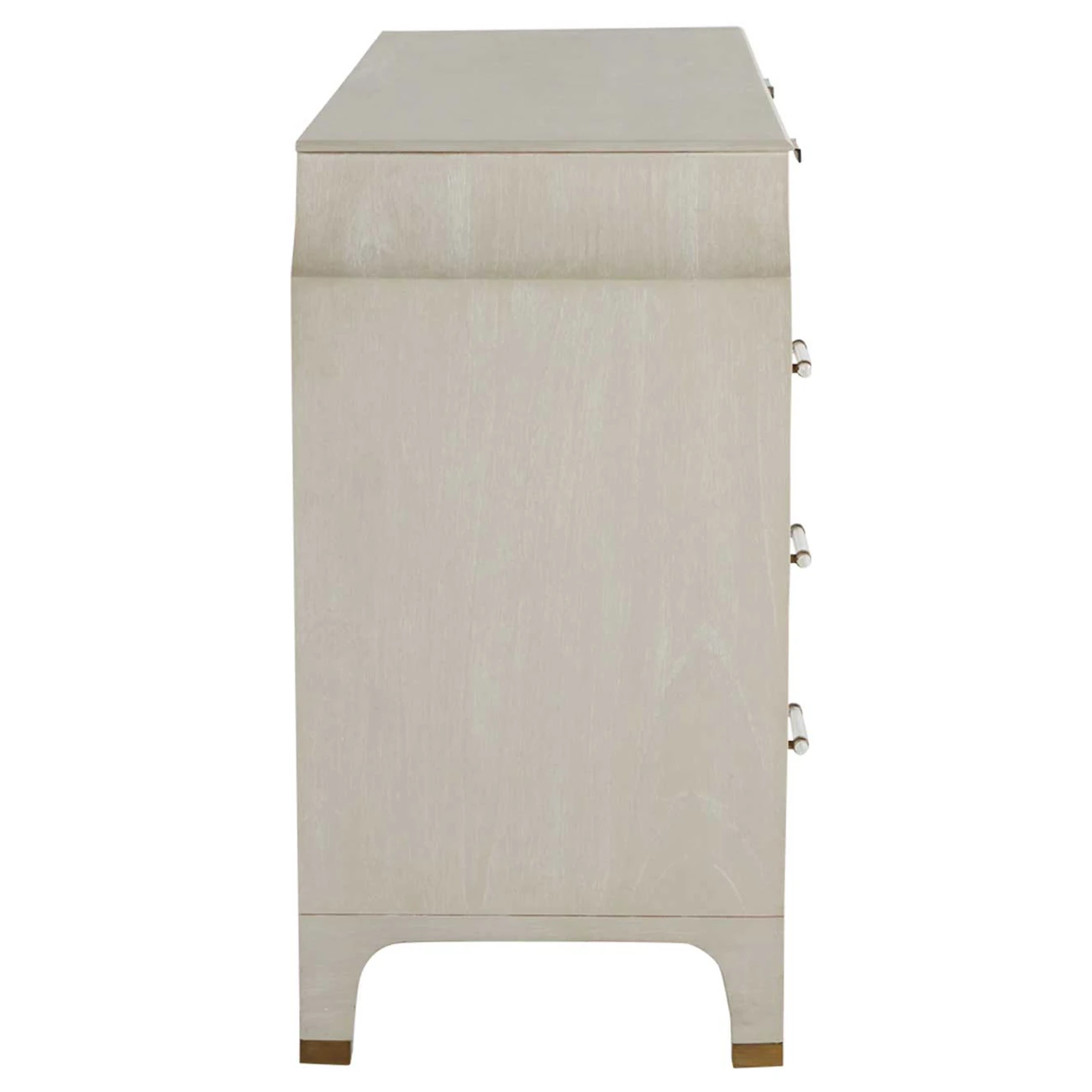 Back or side panel of dresser with cutout feet and visible drawer slides, emphasizing craftsmanship and hardware.