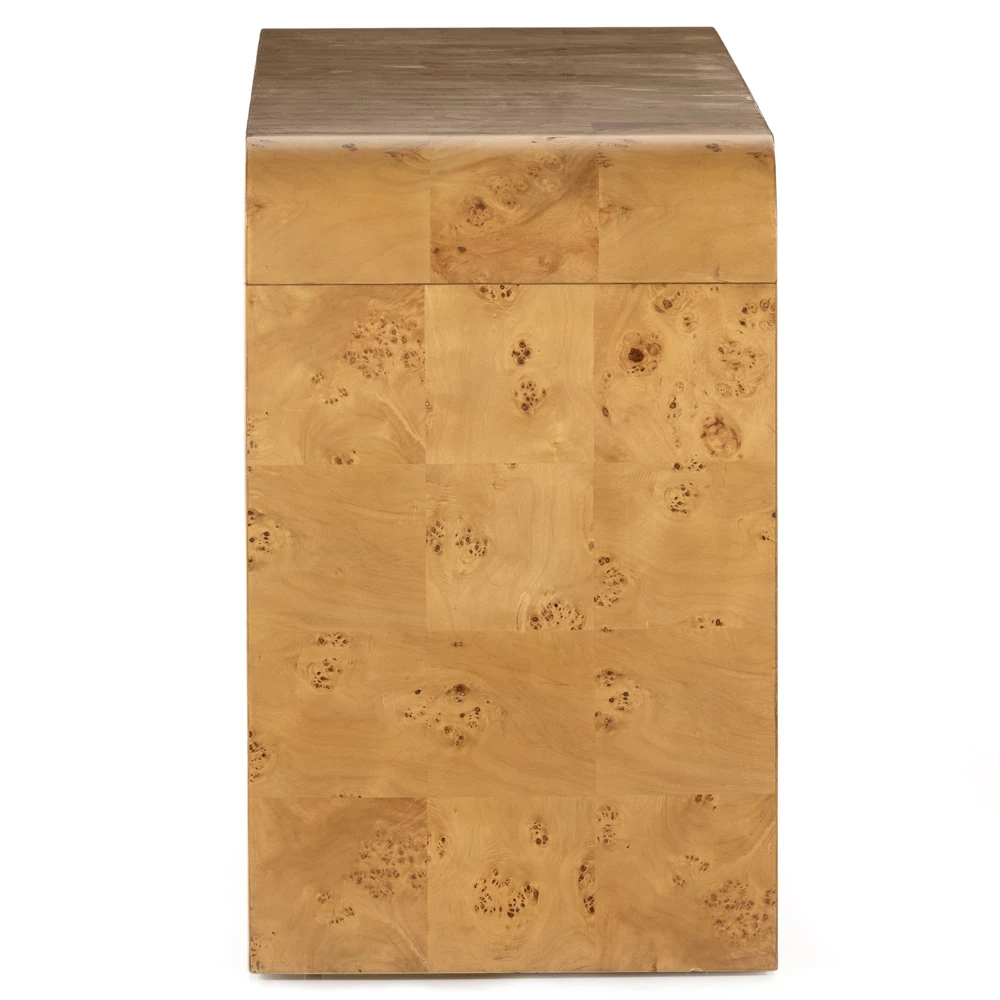 Detail of wood grain and burl clusters on the corner edge of the sideboard.