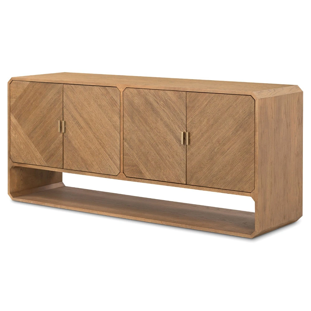 Close view of wood grain and brass handles on cabinet doors, diagonal veneer pattern, light wood tone.