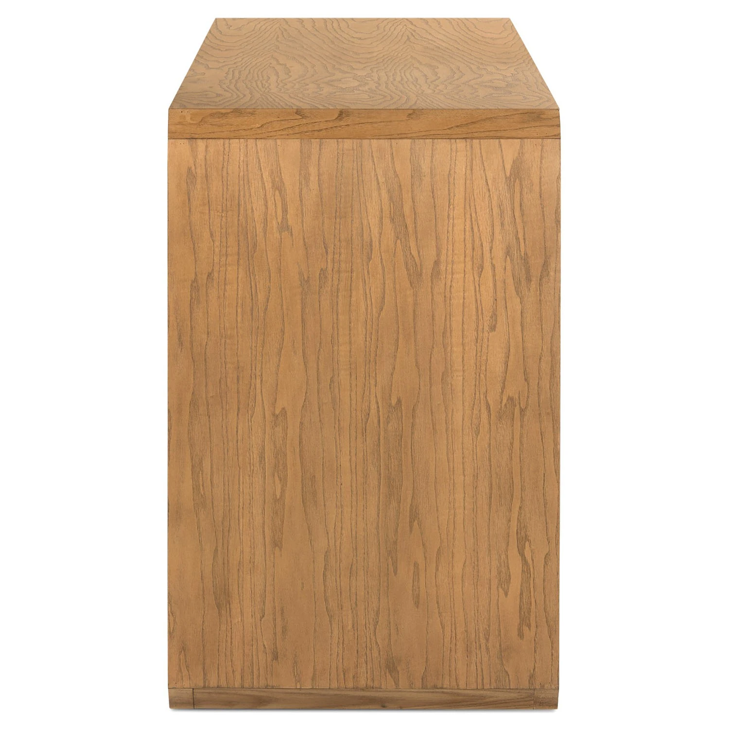 Corner detail of sideboard showing beveled edge and corner joint with angled cut, wood grain texture visible.