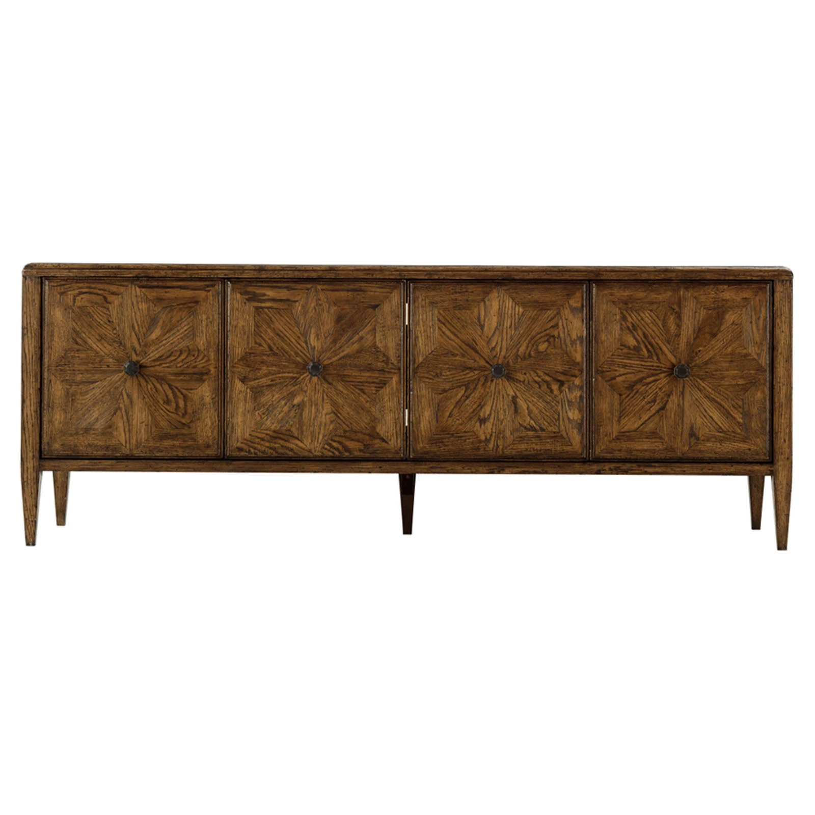 Long wooden sideboard with four cabinet doors, mid-century modern legs, dark interior finish visible with open compartments.