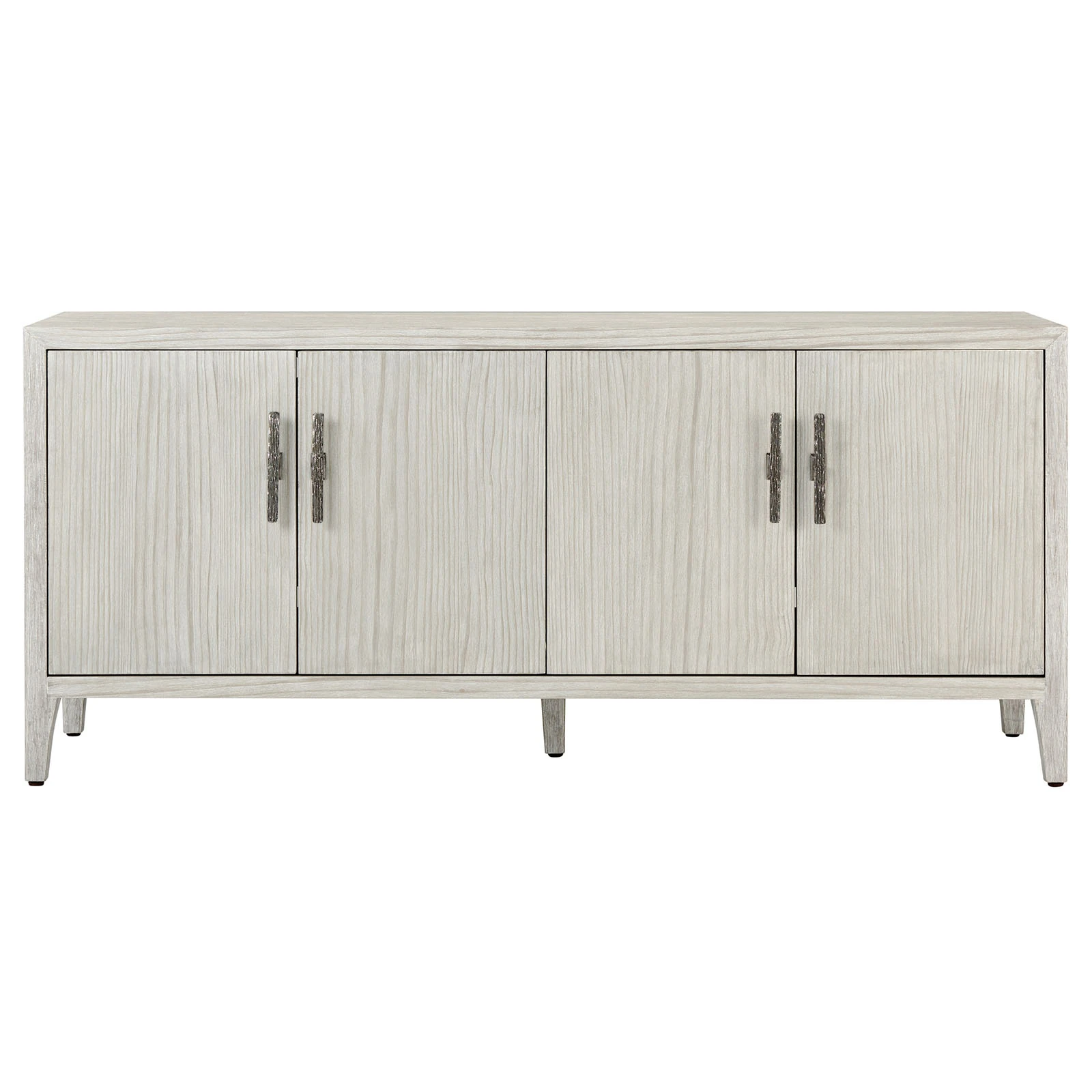 Close-up of wood grain and tapered legs of the sideboard showing light gray finish.