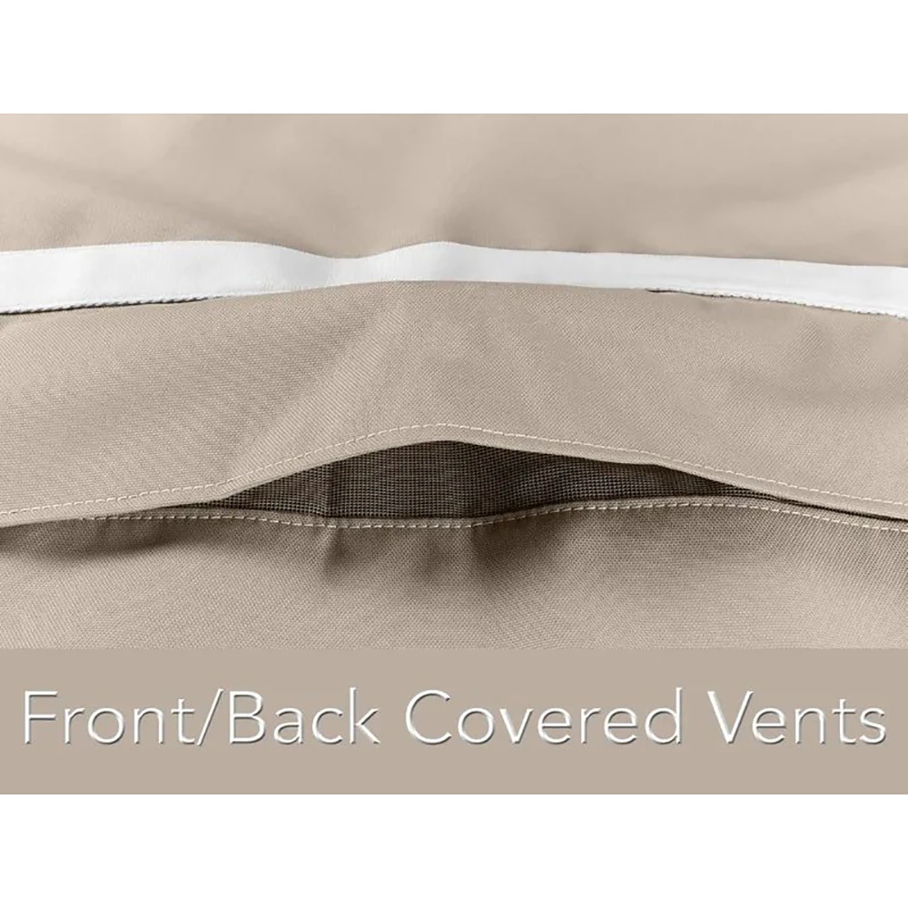 Zippered pocket and buckle strap on beige fabric, highlighting drawcord auto-locking closure and strap