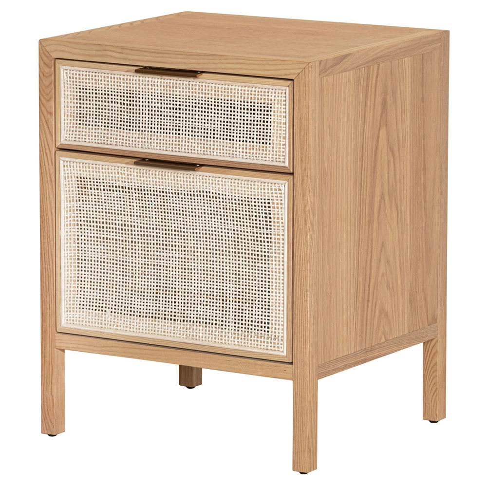 Wooden desk with two woven-cane front drawers and a light wood top; matches the nightstand design in a home office setup.