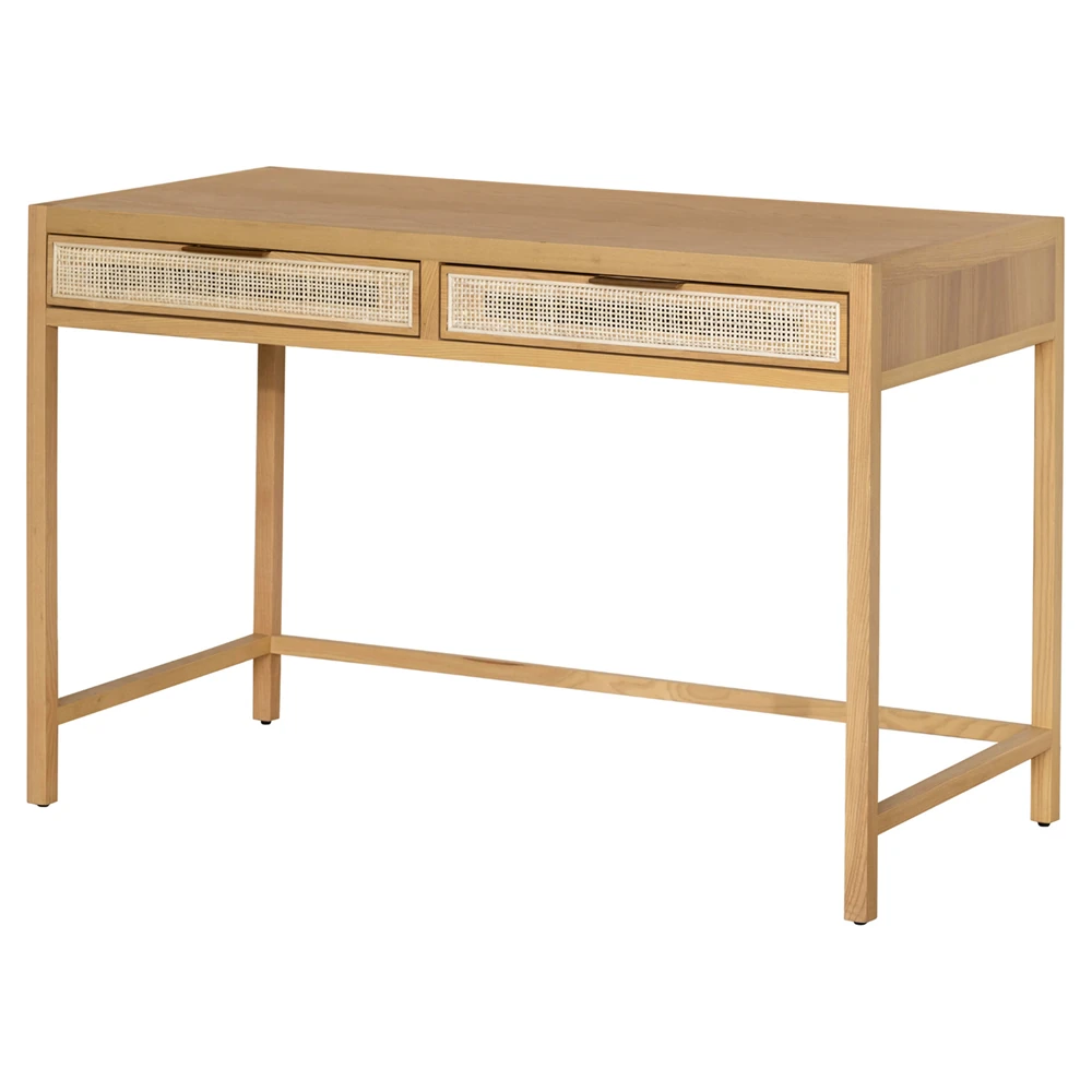 Close-up of the desk drawer pulled out, showing a woven cane front and metal drawer slide.