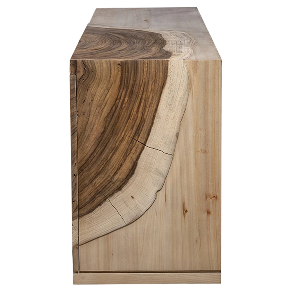 Detailed view of the wood grain and a dark crack in the top surface of the sideboard.