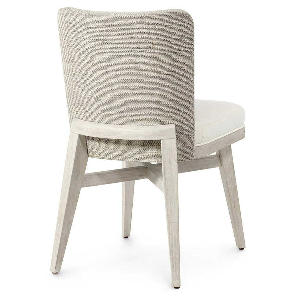 A chair with a white seat and a light beige woven backrest, viewed from the back, on a white background.