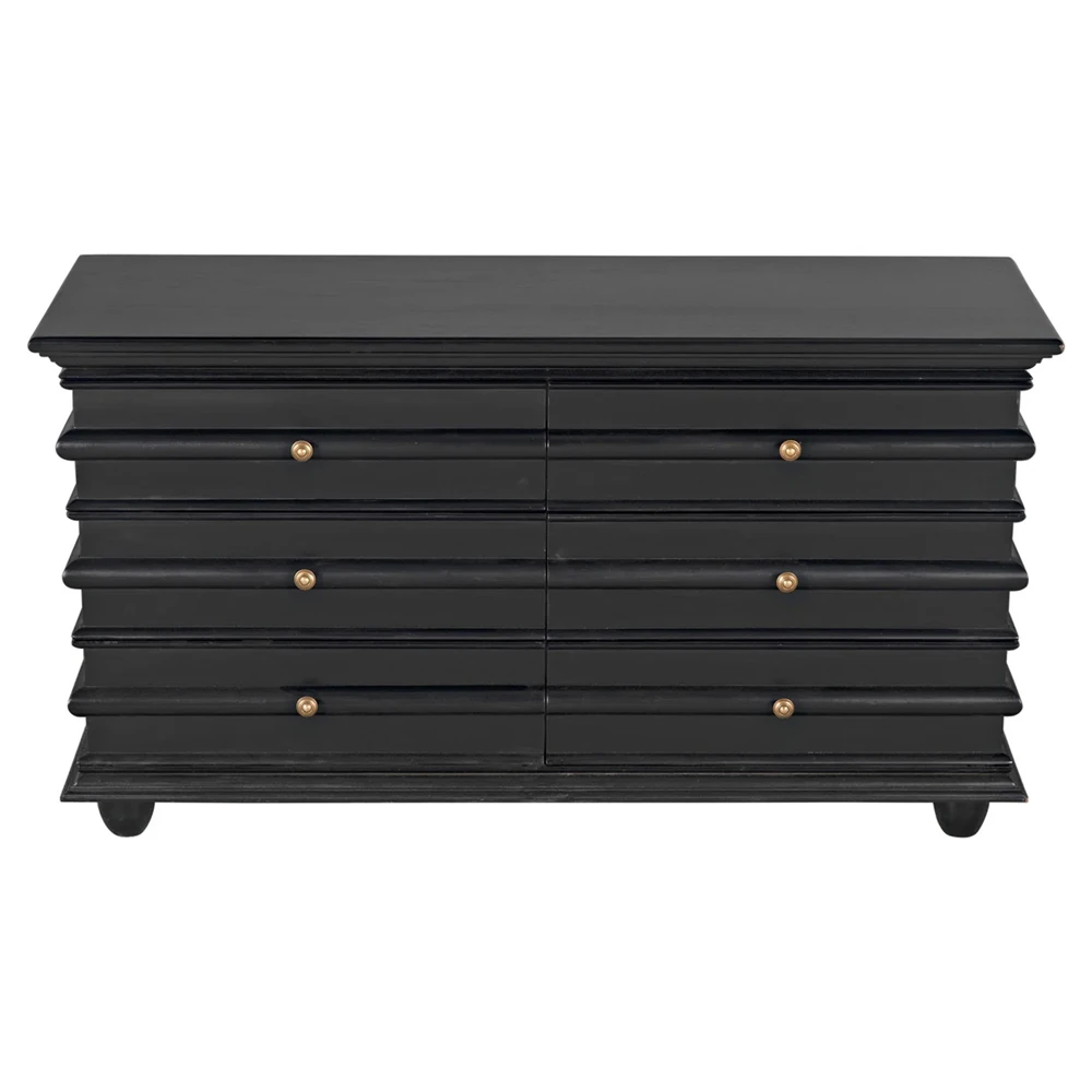 Close-up of black wood showing glossy finish and brass knob detail on drawer front.