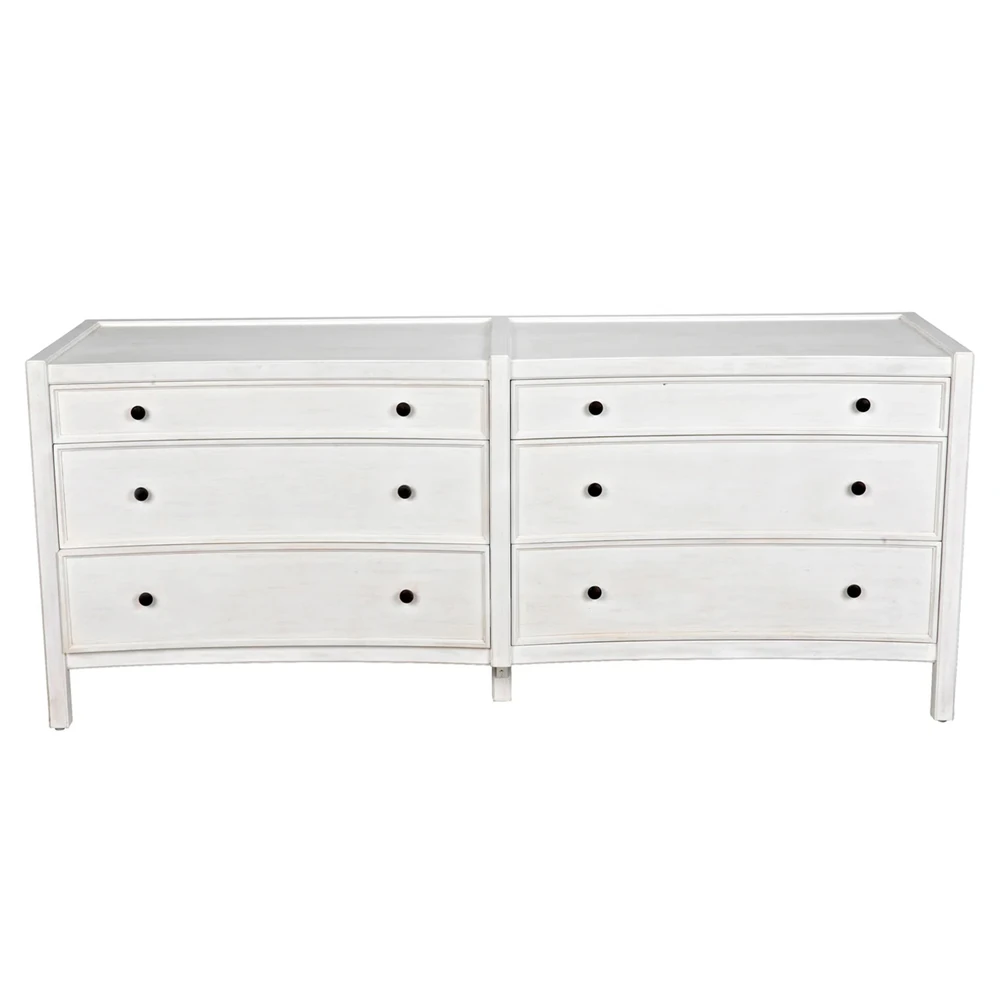 White distressed double dresser front view with 3 drawers on each side, showing curved lower drawers and black knobs.