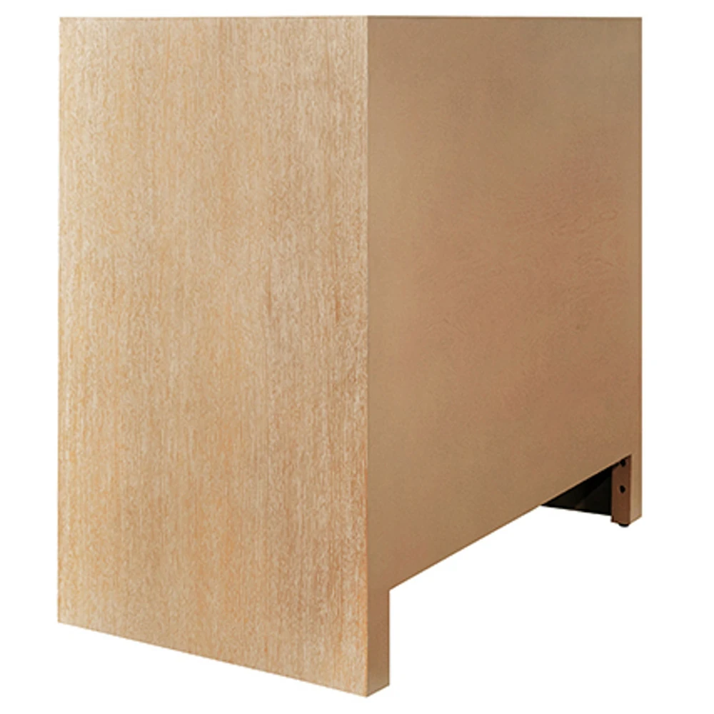 Corner view of light brown wooden cabinet.