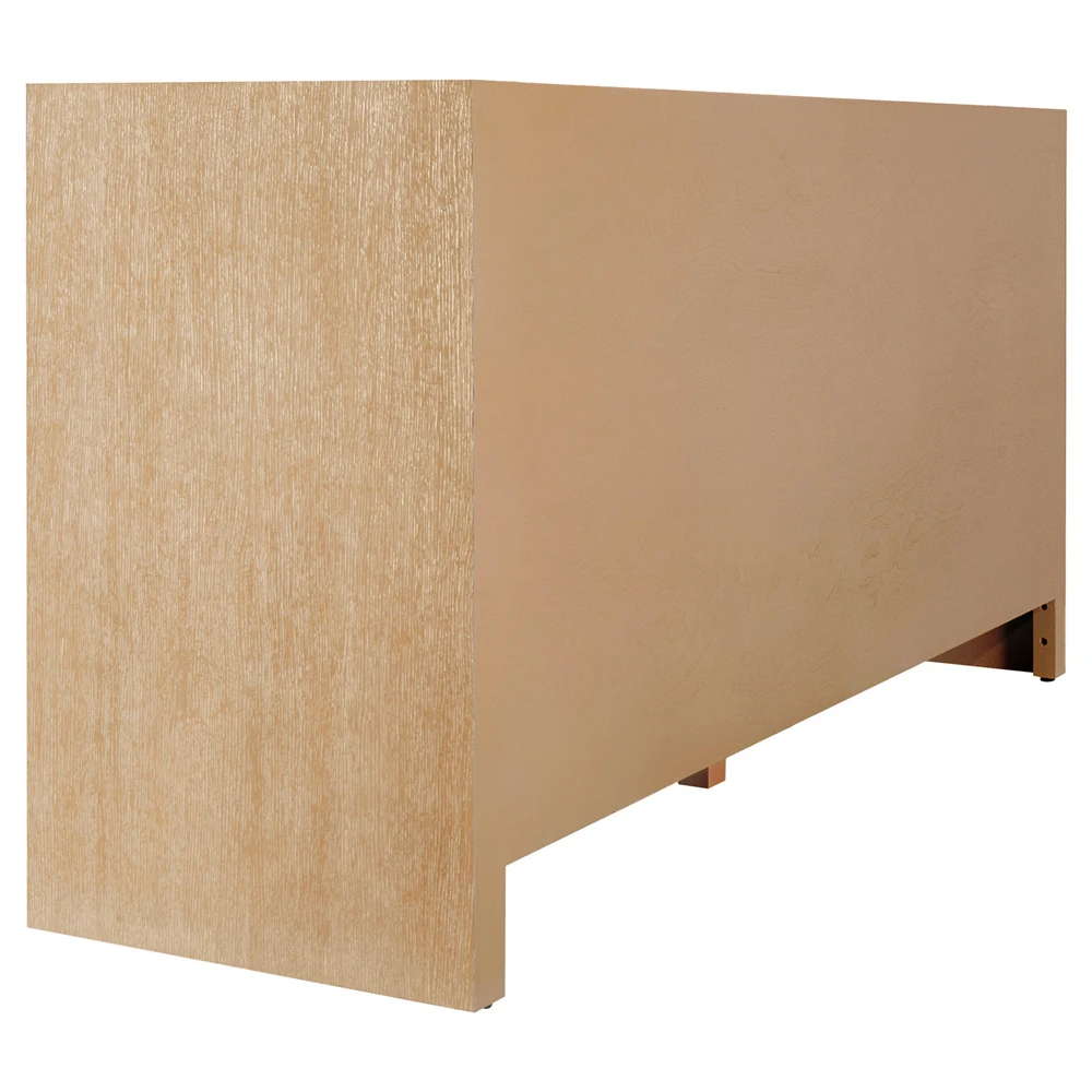 A side view of a light brown wooden cabinet, showing its smooth surface.