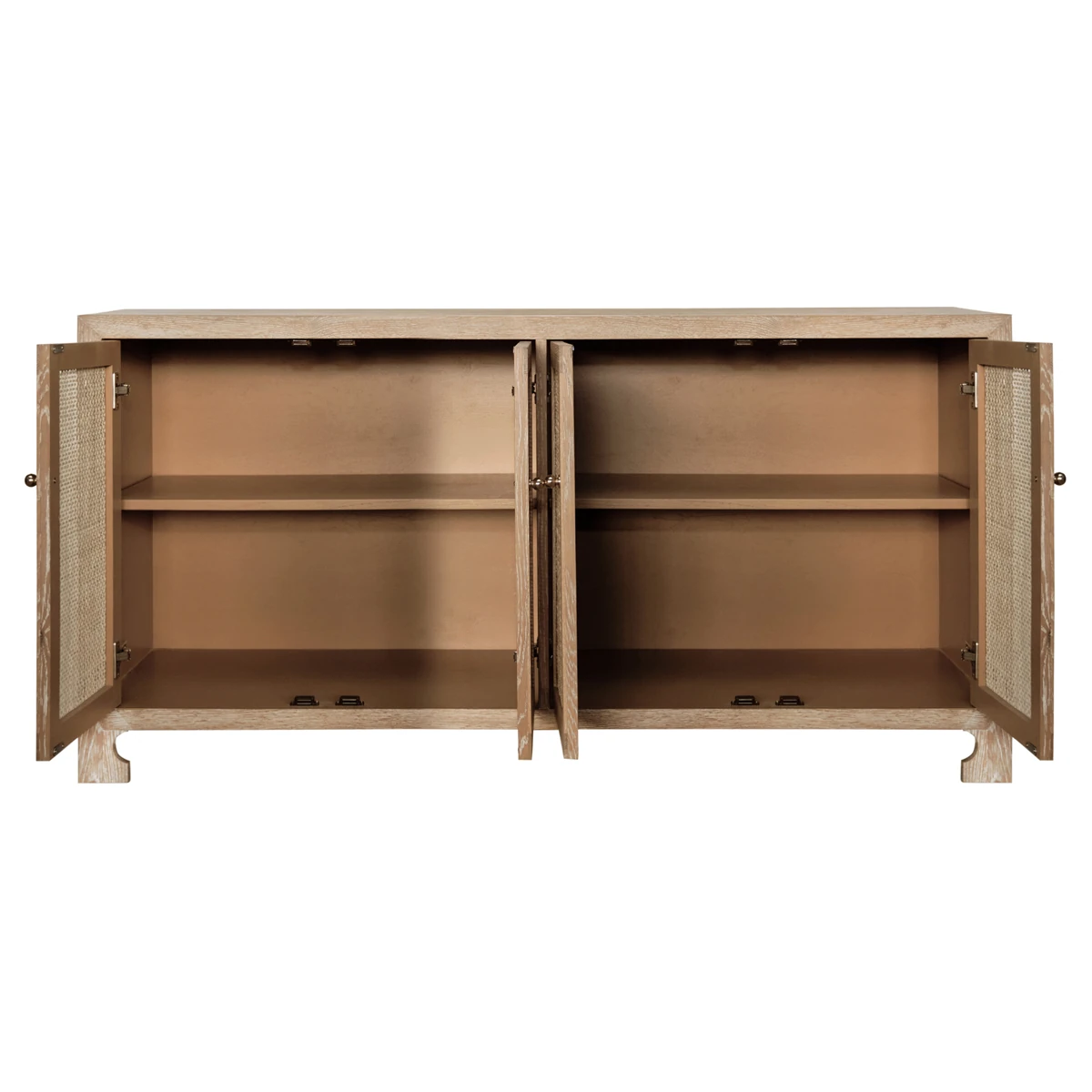 An open view of a light brown wooden cabinet with two shelves inside.