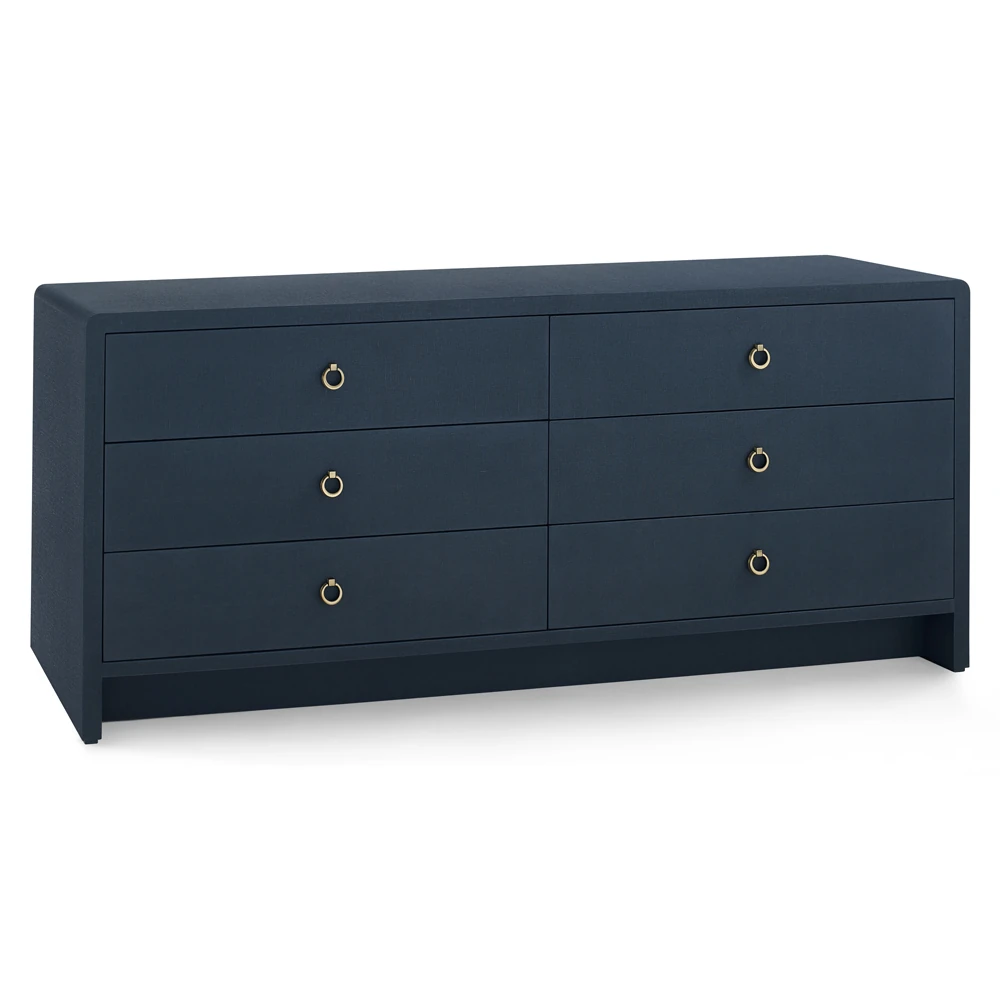 close-up of one drawer showing wood interior and matte blue exterior finish, flat-front design