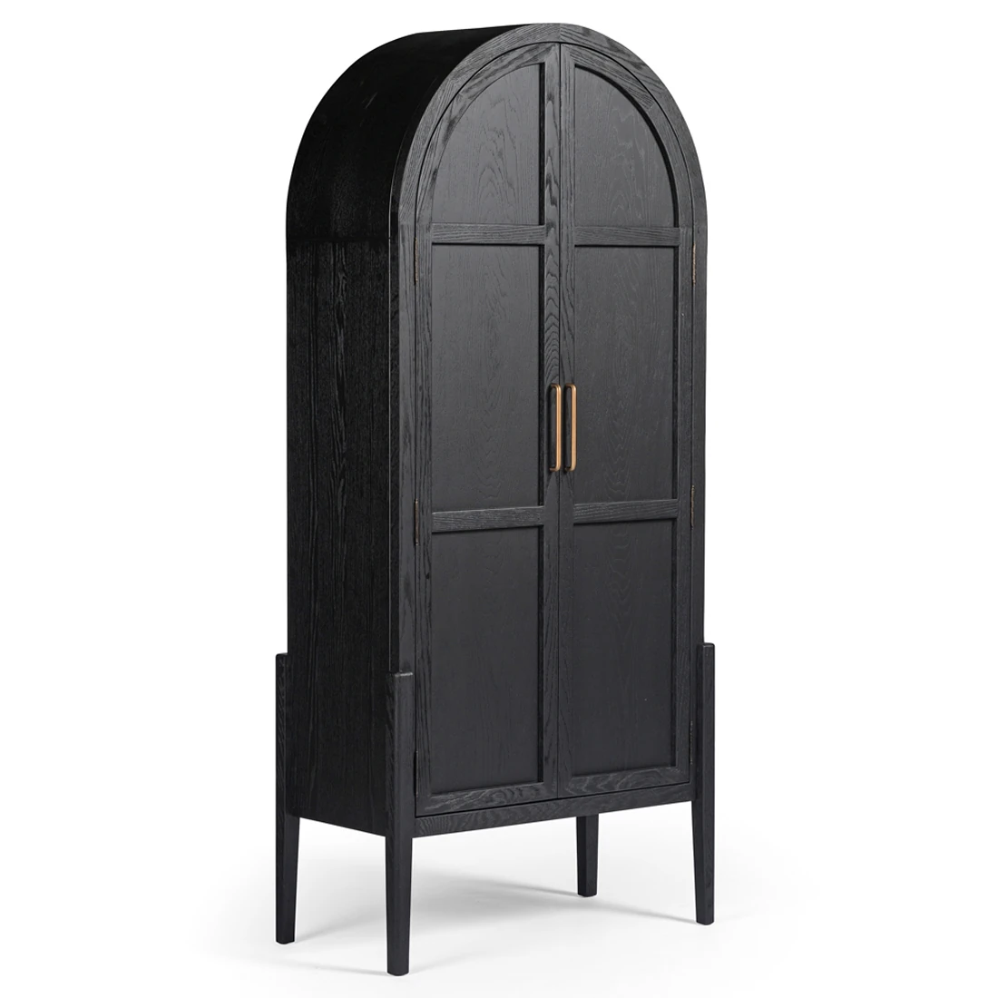 Close-up side view of the arched cabinet showing wood grain and dark finish with a copper hinge detail.