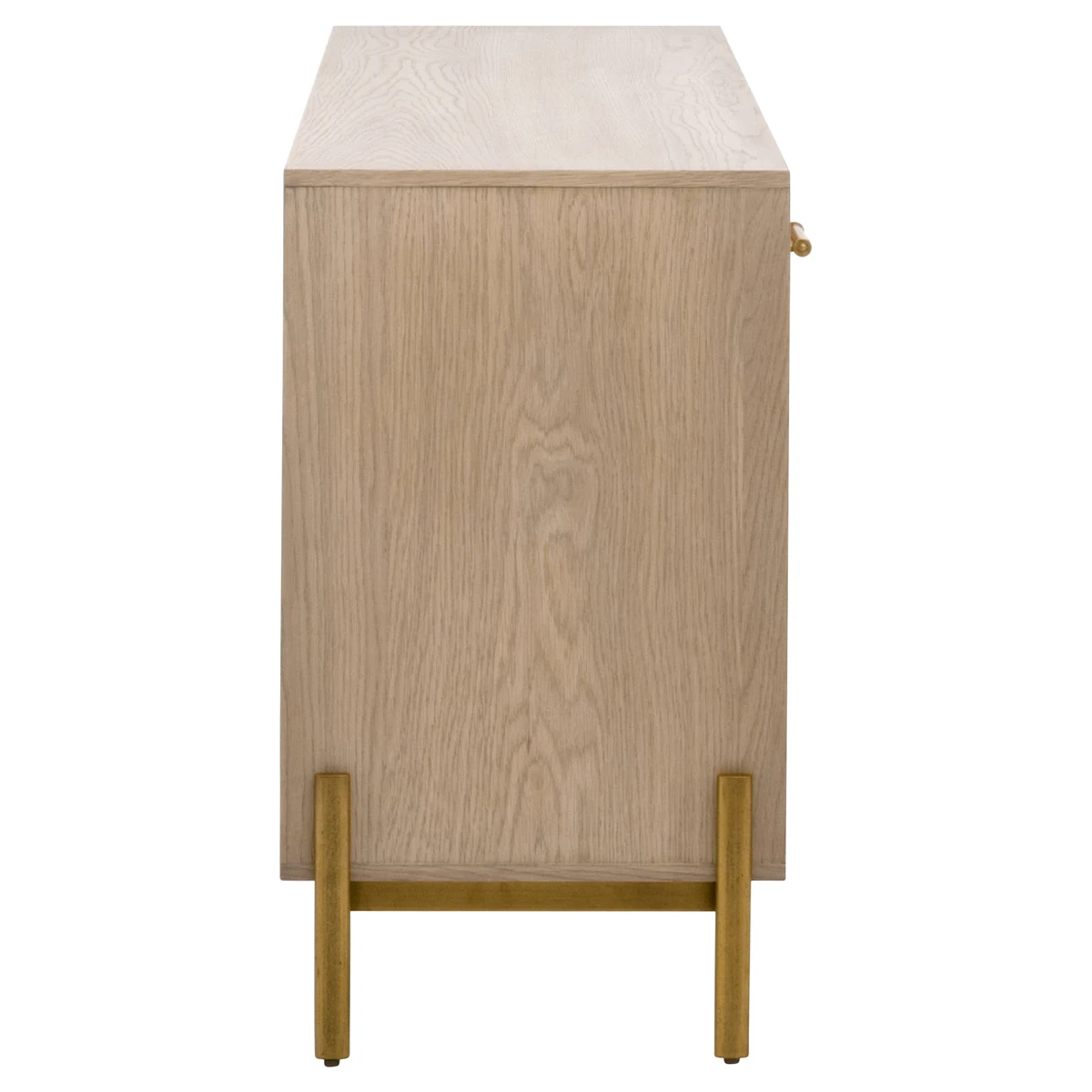 Brass cabinet door handle mounted on wood frame with honeycomb mesh insert behind the door.