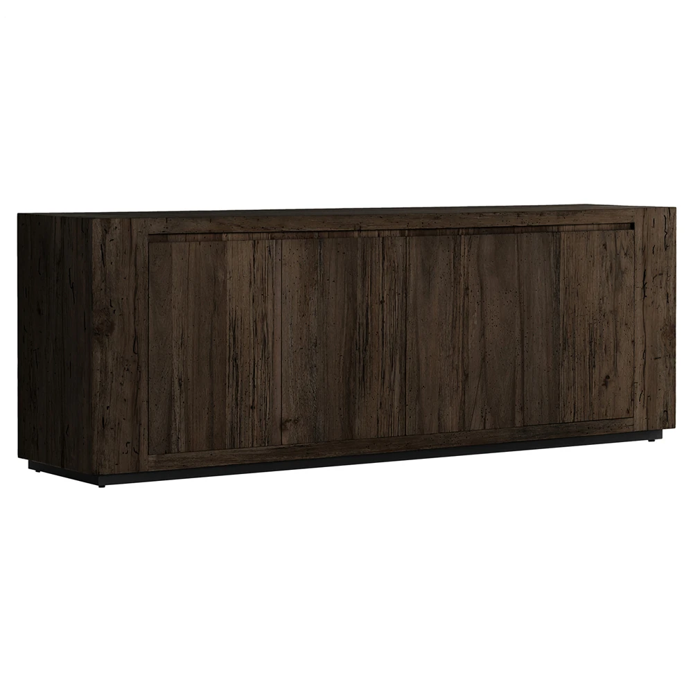 Close-up of dark wood cabinet showing grain, panels, and texture on the side.