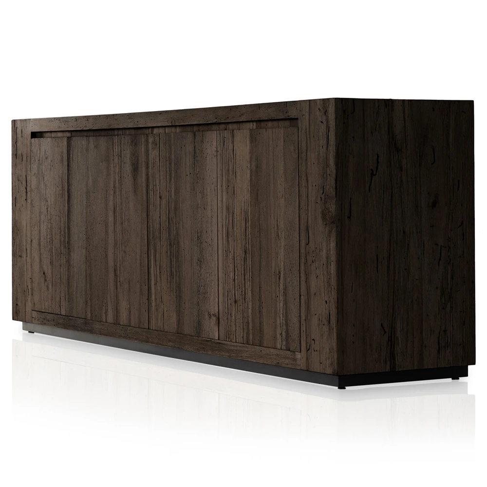 Top of the dark wood sideboard with textured surface and visible grain pattern, including surface details.