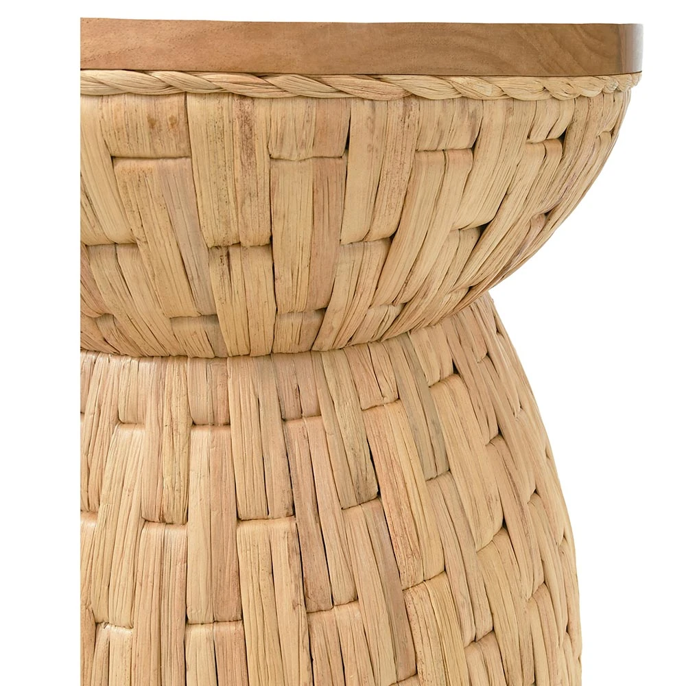 A close-up of the woven rattan base of a side table.