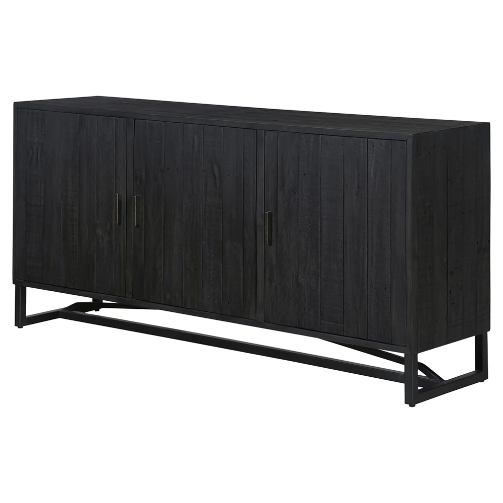 Close-up of the cabinet doors showing vertical wood planks and black metal hinges on a modern dark sideboard.