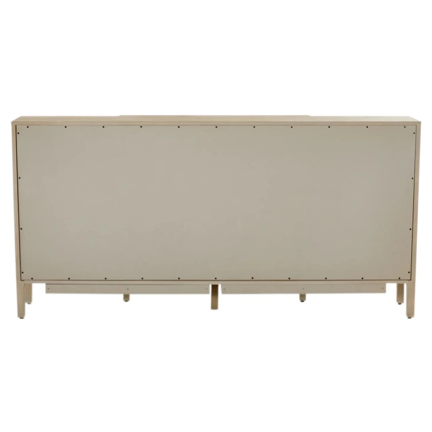 Close-up of cabinet corner showing ribbed door panel and curved gold accent trim