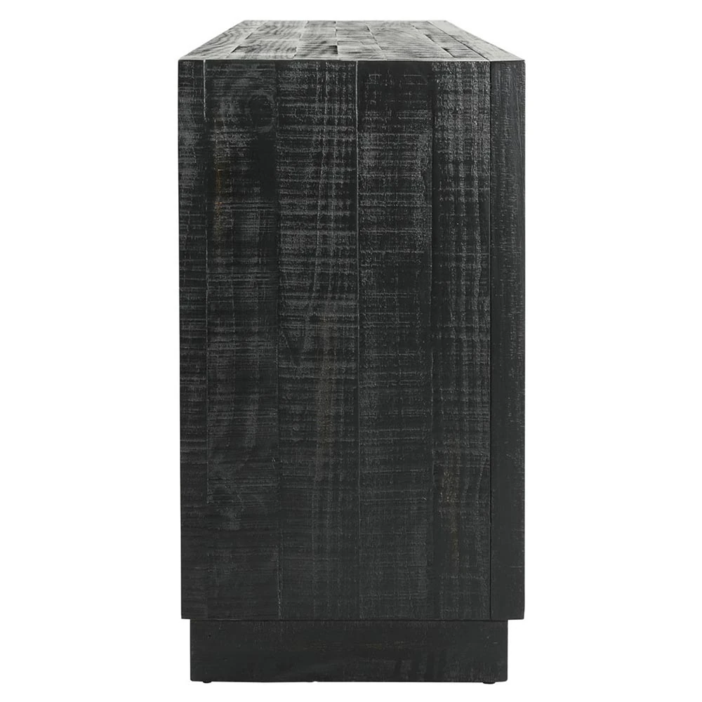 Interior view of black wood cabinet with multiple doors and shelves, shows organization potential.
