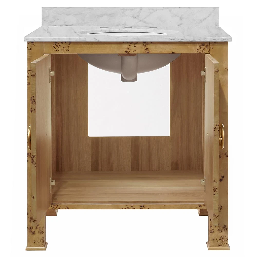 A wooden vanity with a marble countertop and open cabinet doors.