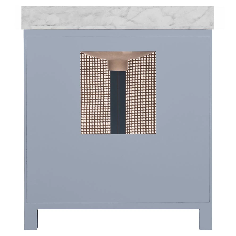 A bathroom vanity without doors showing the sink.