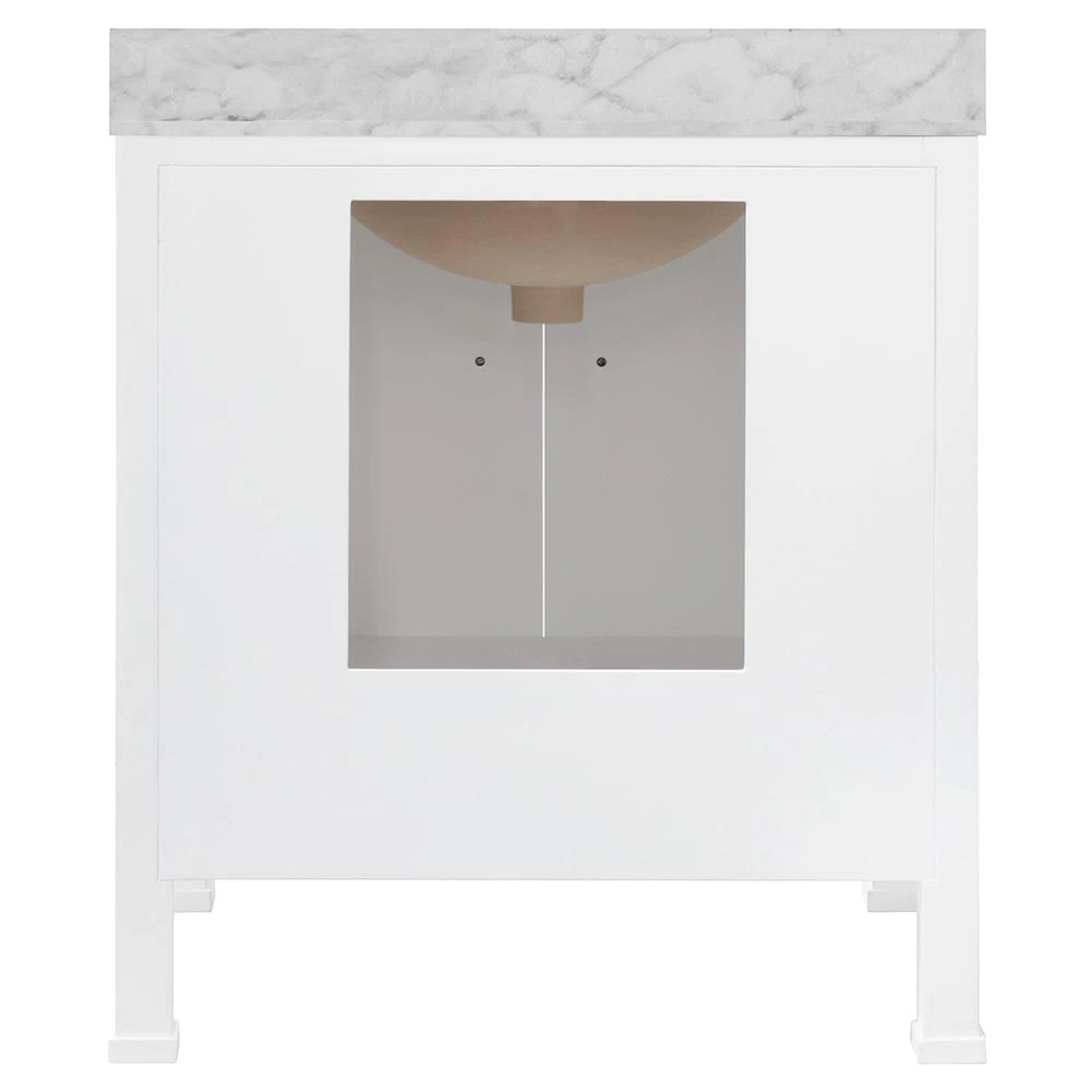 Back view or interior view of white bathroom vanity with marble top, sink cutout visible.