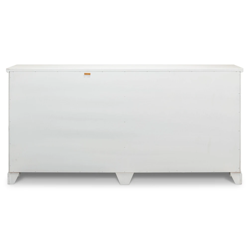 Front view of long white credenza with four paneled doors, dimensions 75 inches wide, 37 inches high, 15 inches deep.