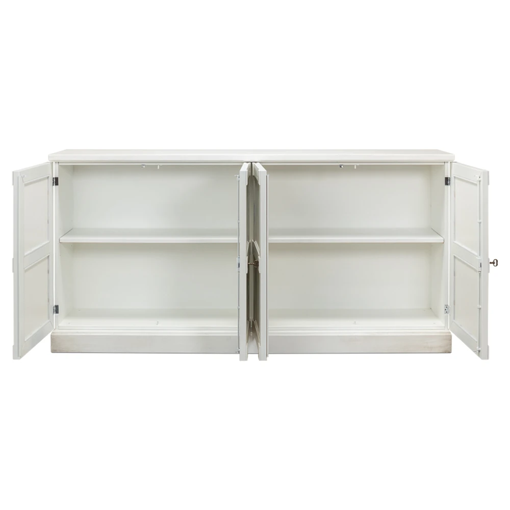 Top corner detail of beveled white cabinet showing edge profile.
